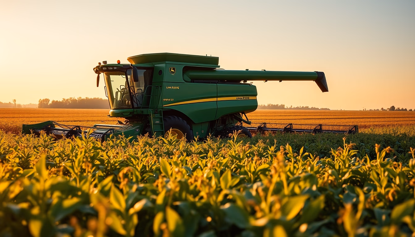 soybean field with green John Deere harvester at golden hour in editorial style