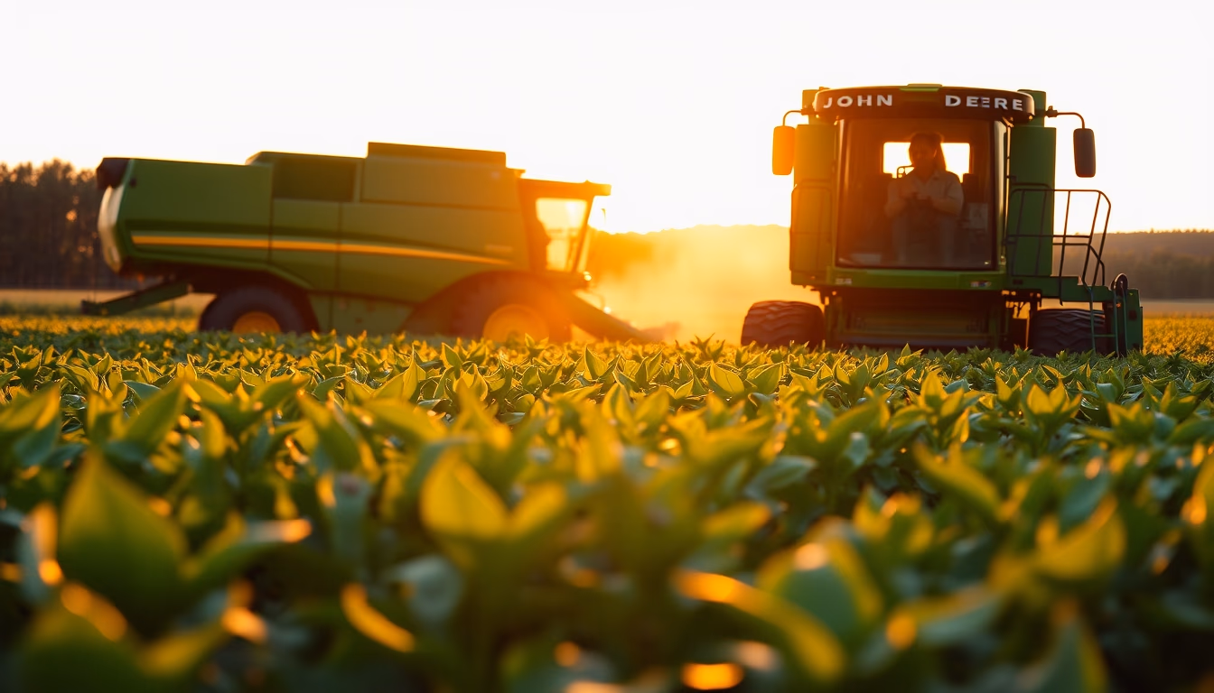 soybean field with green John Deere harvester at golden hour in editorial style