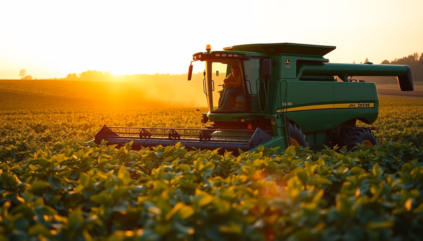 soybean field with green John Deere harvester at golden hour in editorial style