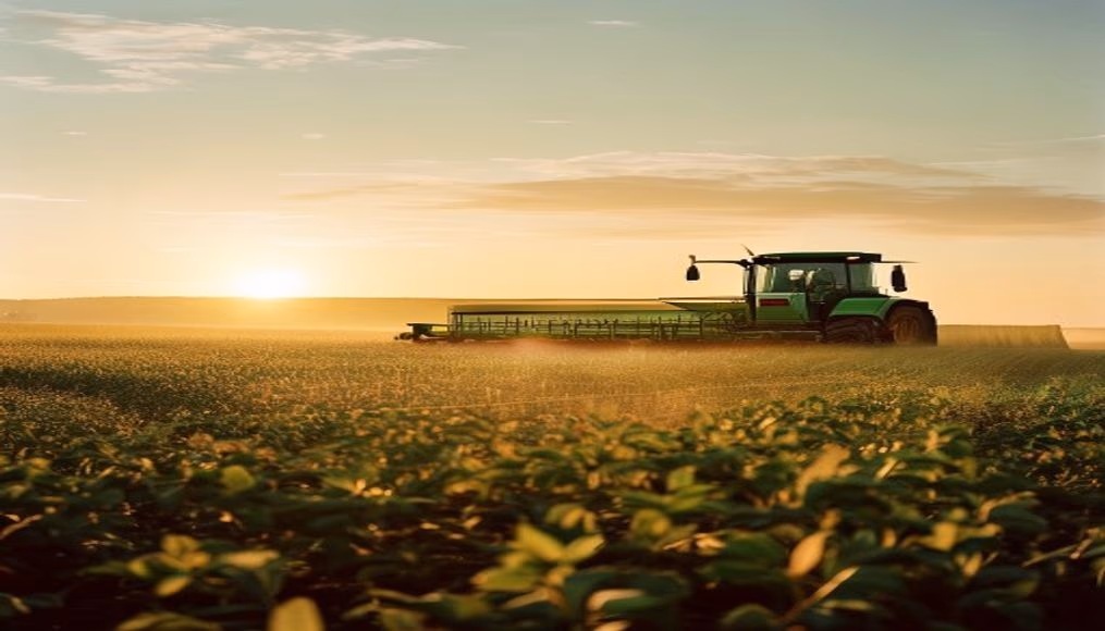 soybean field with green John Deere harvester at golden hour in editorial style