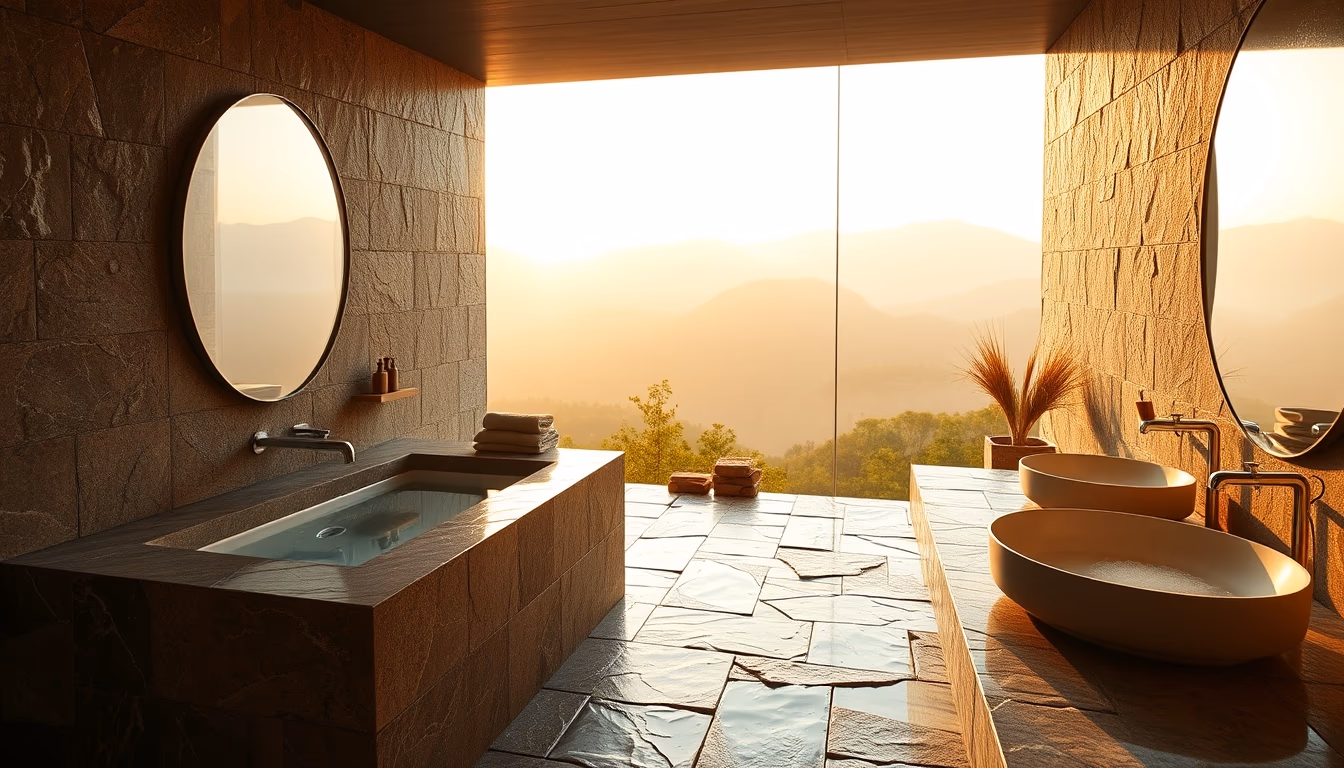 spa bathroom natural stone in editorial style
