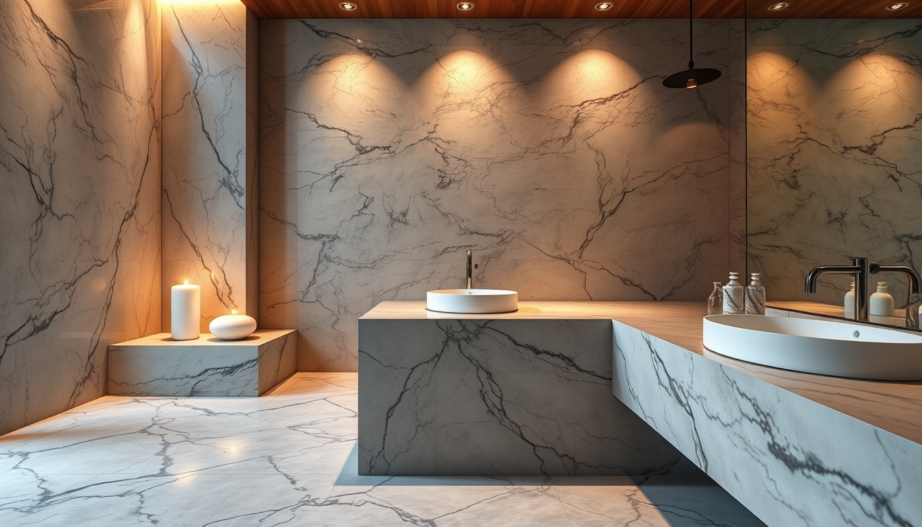 spa bathroom natural stone in editorial style