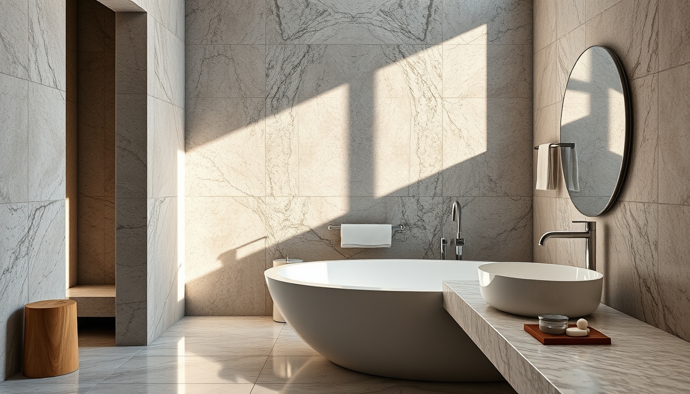 spa bathroom natural stone in editorial style