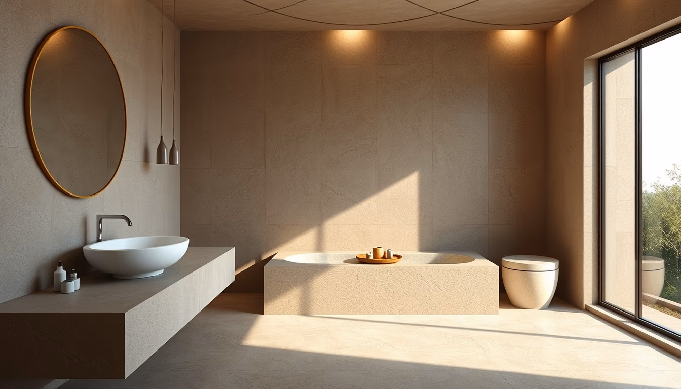 spa bathroom natural stone in editorial style