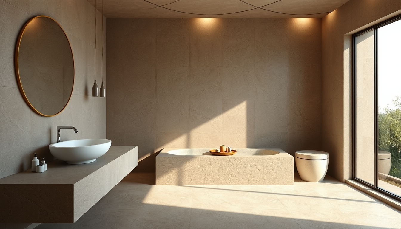 spa bathroom natural stone in editorial style