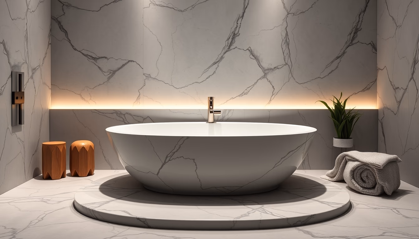 spa bathroom natural stone in editorial style