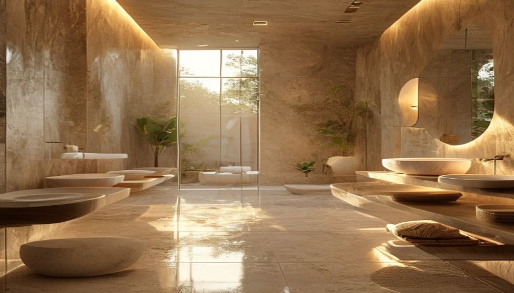 spa bathroom natural stone in editorial style