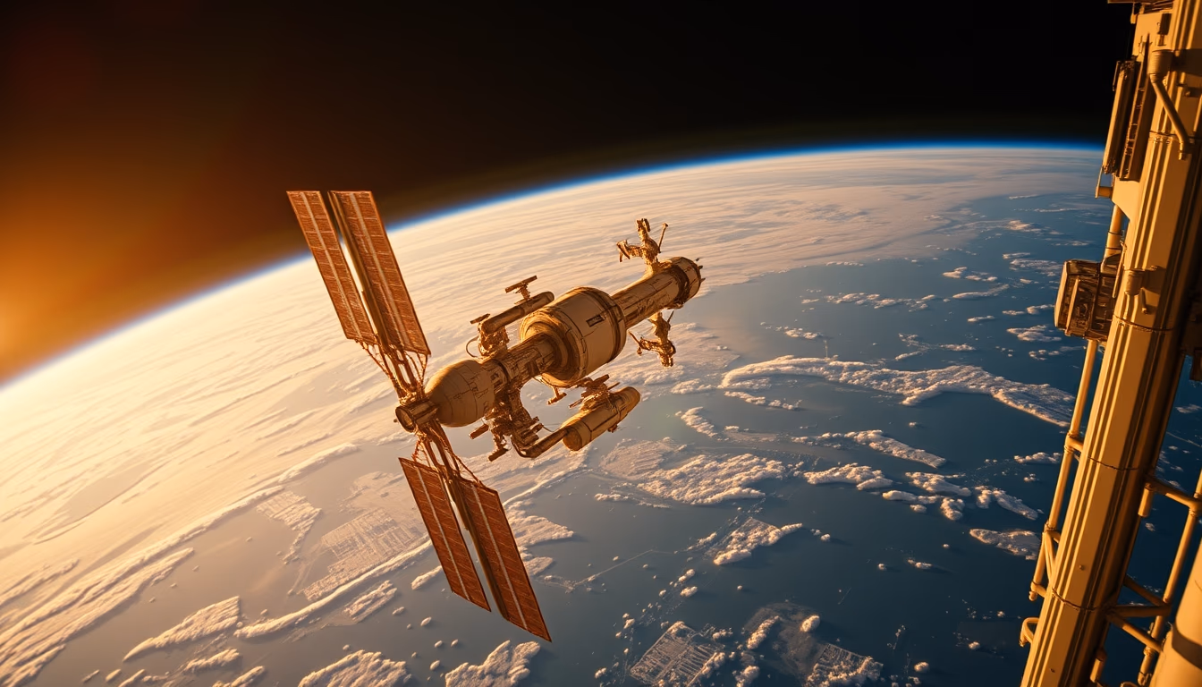 space station orbit earth in editorial style