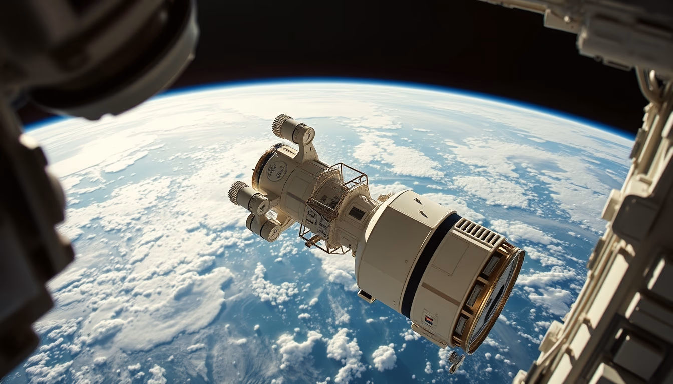 space station orbit earth in editorial style