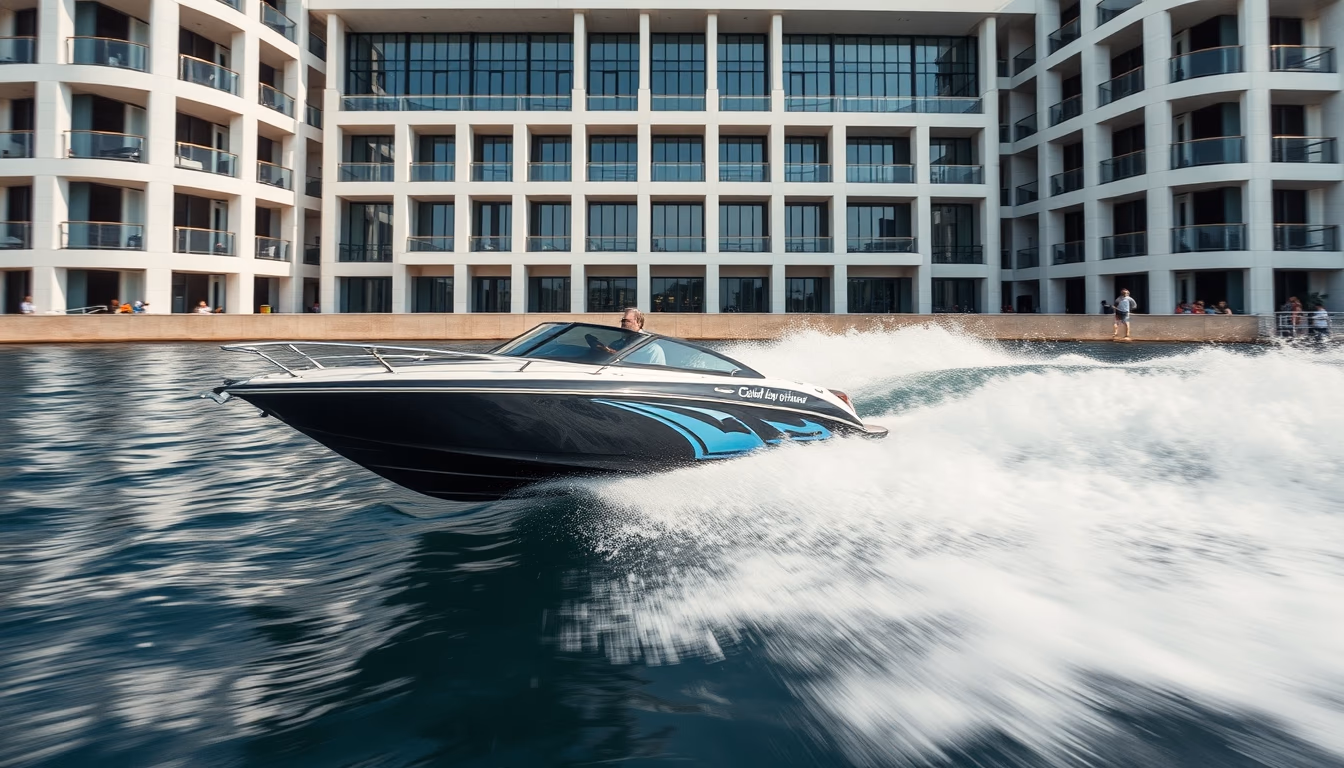 speedboat racing wave in editorial style