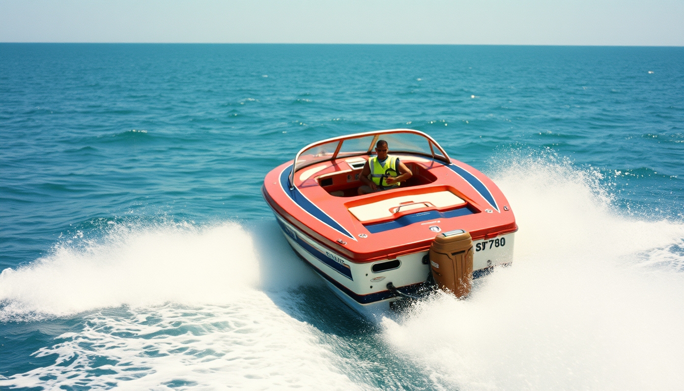 speedboat racing wave in editorial style