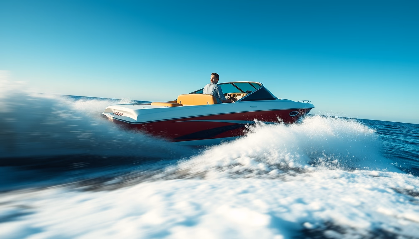 speedboat racing wave in editorial style