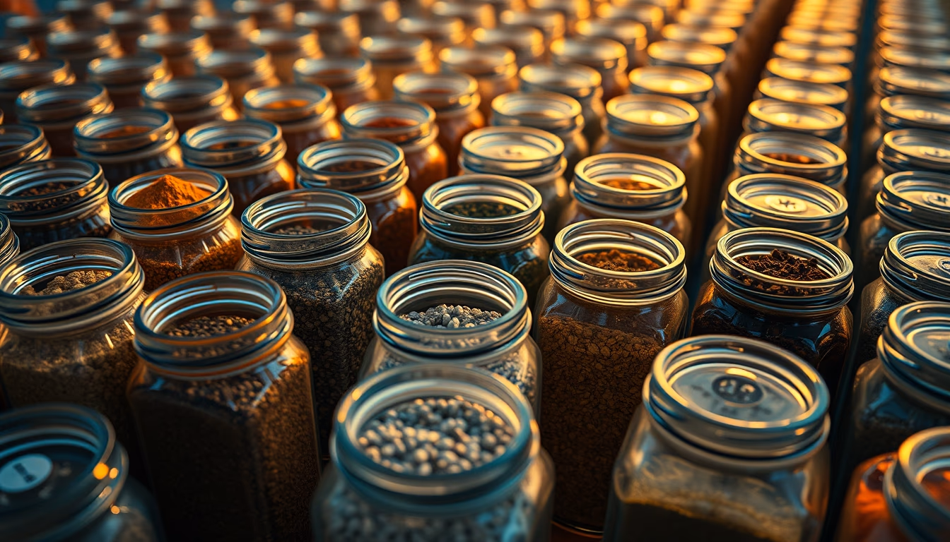 spices in glass jars row in editorial style
