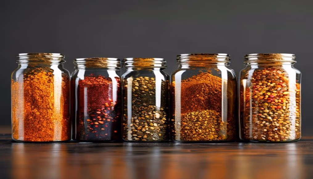 spices in glass jars row in editorial style
