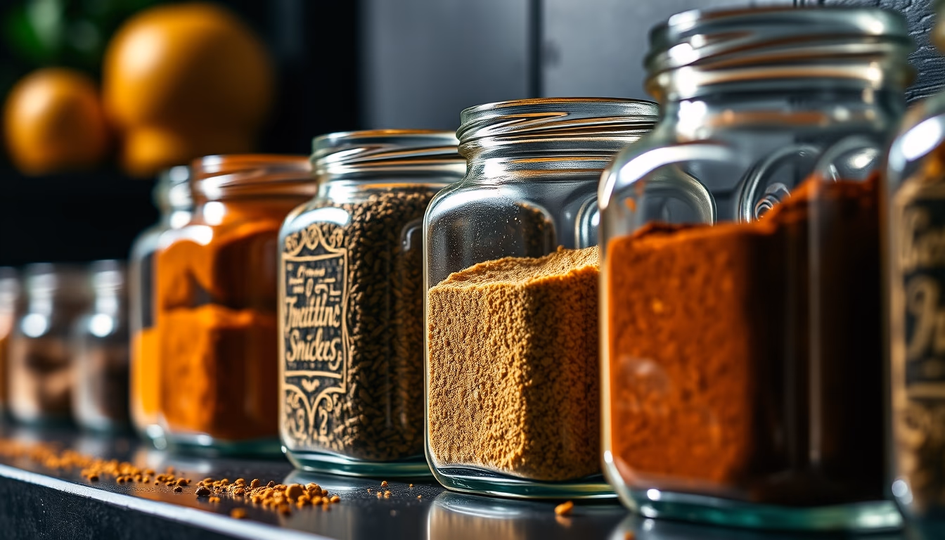 spices in glass jars row in editorial style