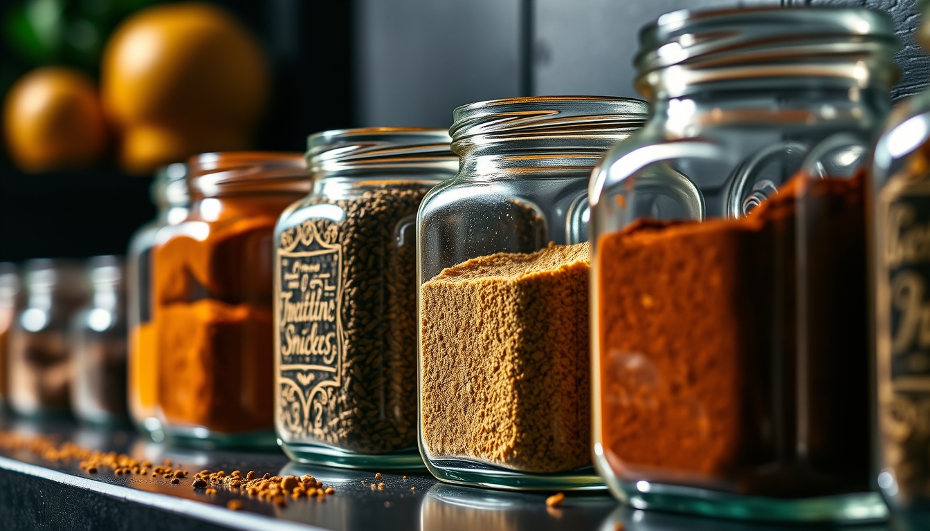 spices in glass jars row in editorial style