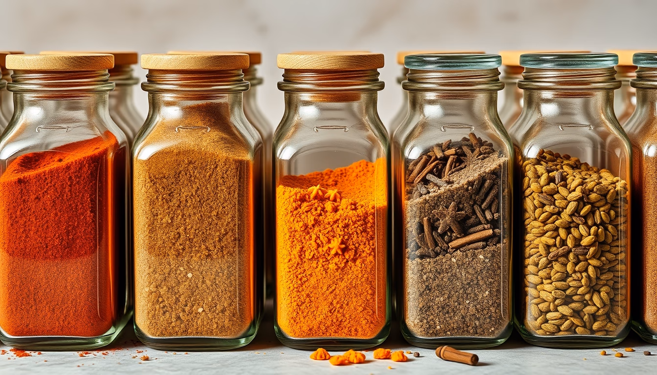 spices in glass jars row in editorial style