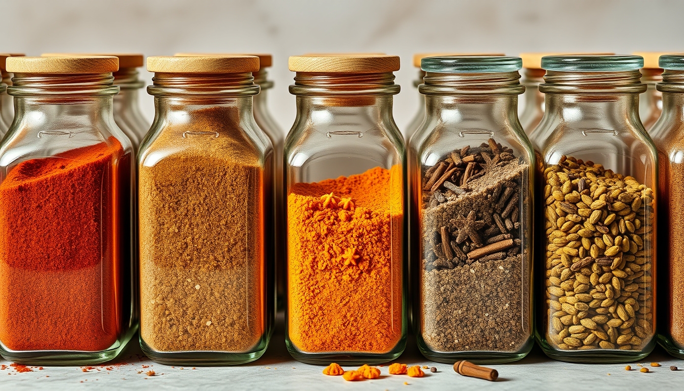 spices in glass jars row in editorial style