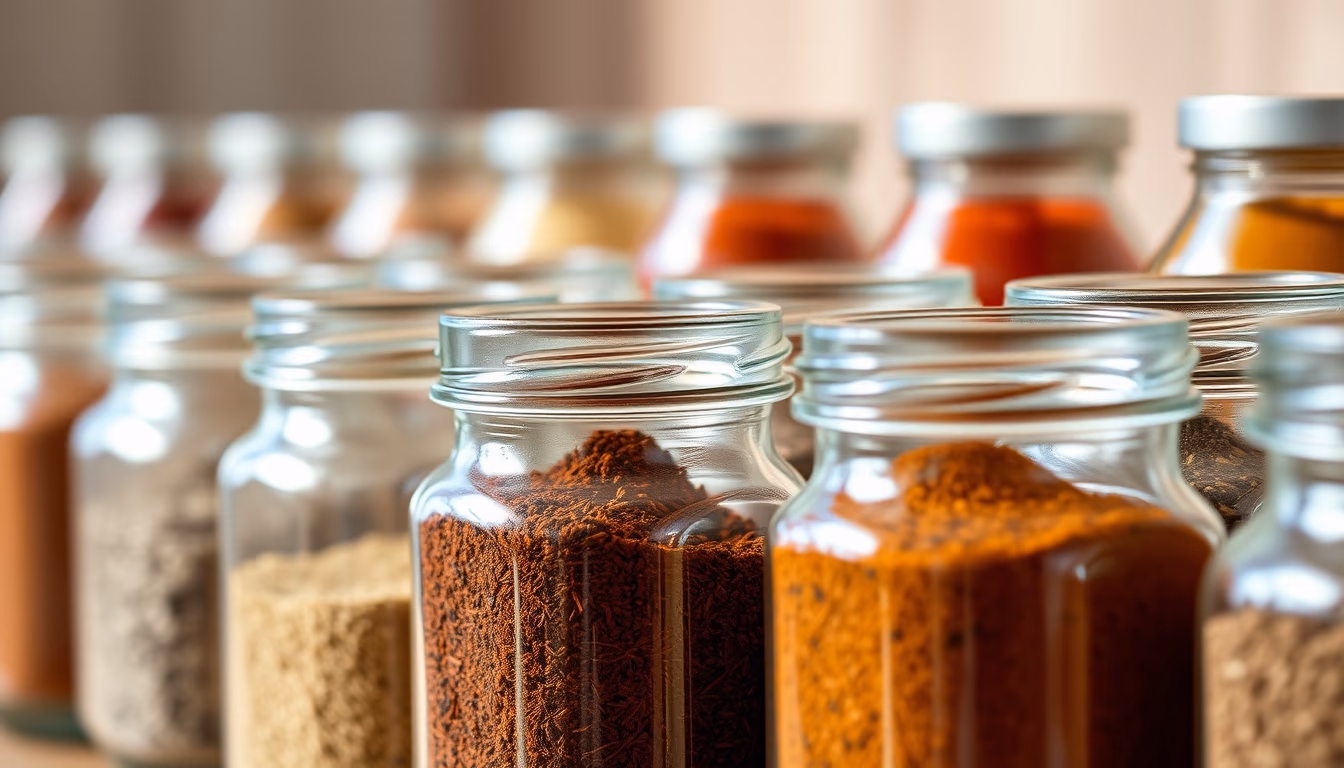 spices in glass jars row in editorial style