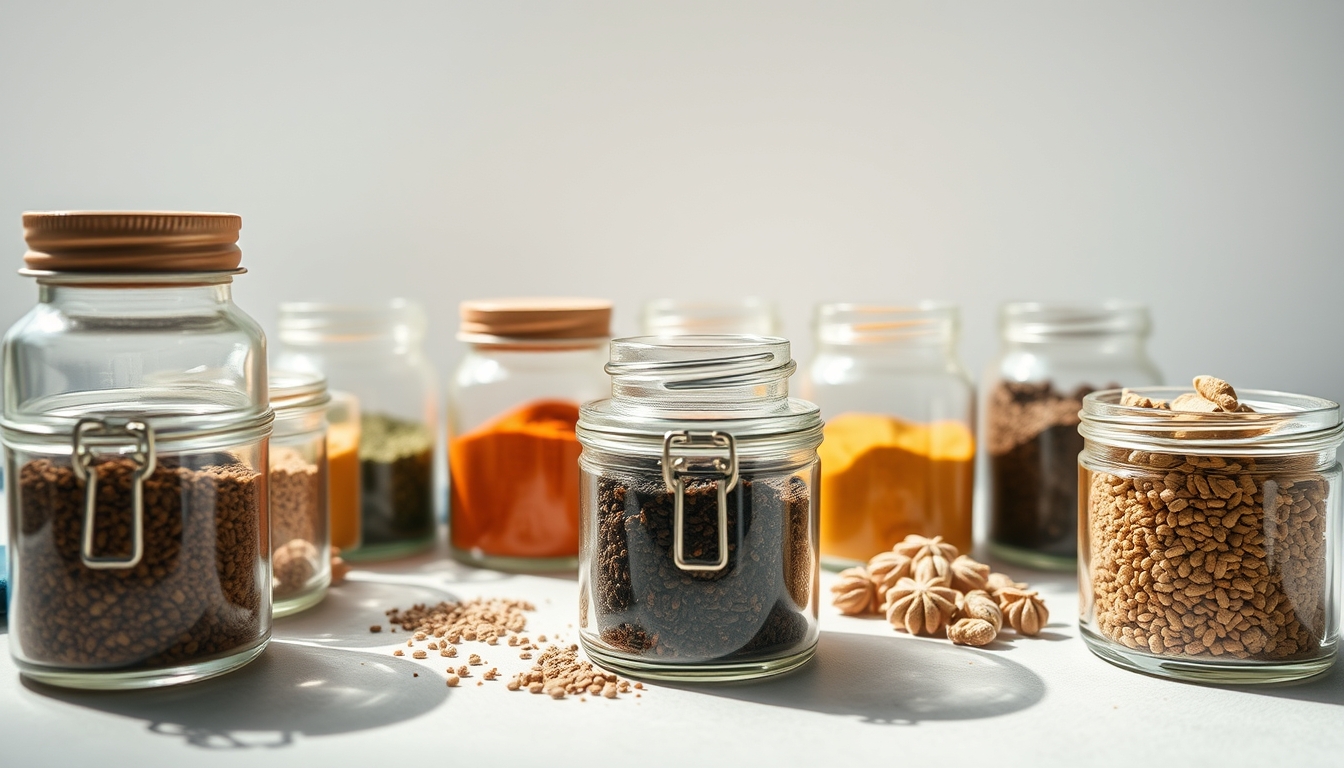 spices in glass jars row in editorial style