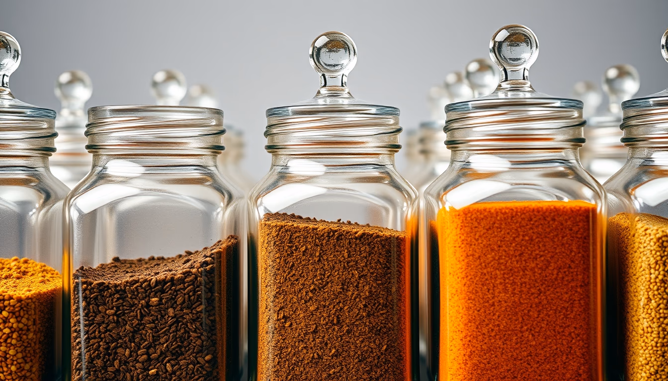 spices in glass jars row in editorial style