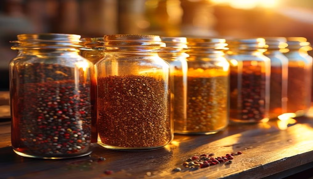 spices in glass jars row in editorial style