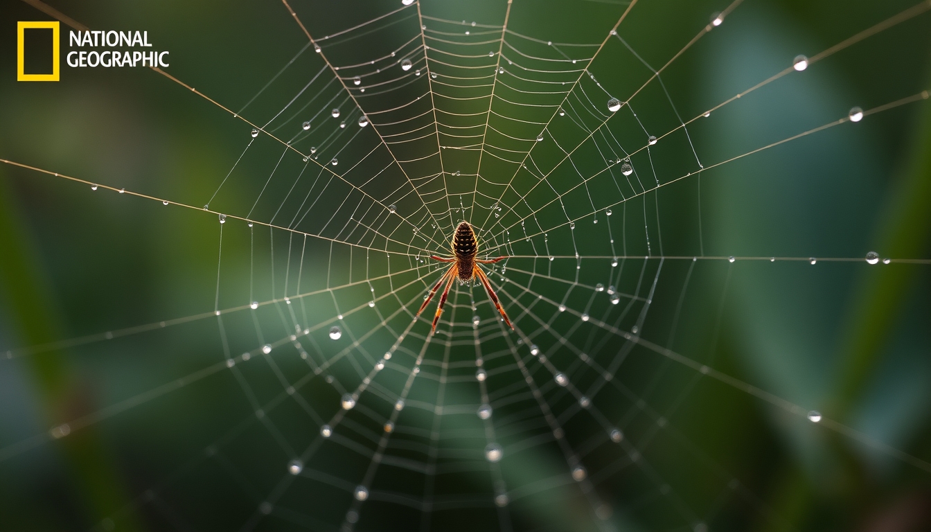 spider web morning dew in editorial style