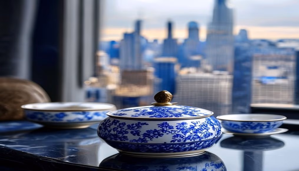 spode blue italian charger in luxury editorial photography