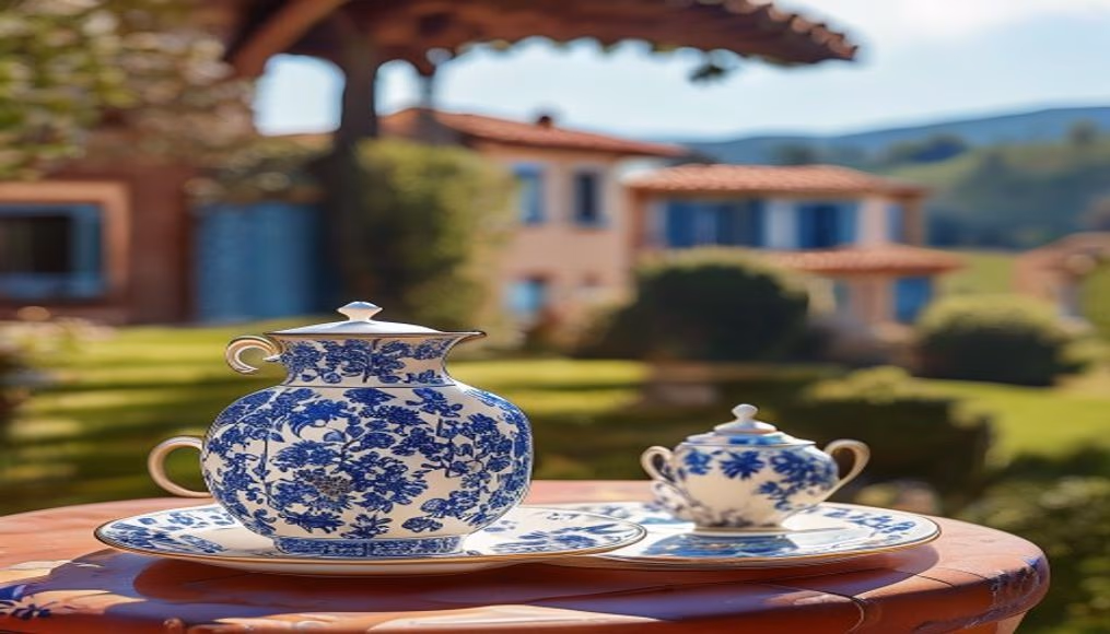 spode blue italian charger in luxury editorial photography