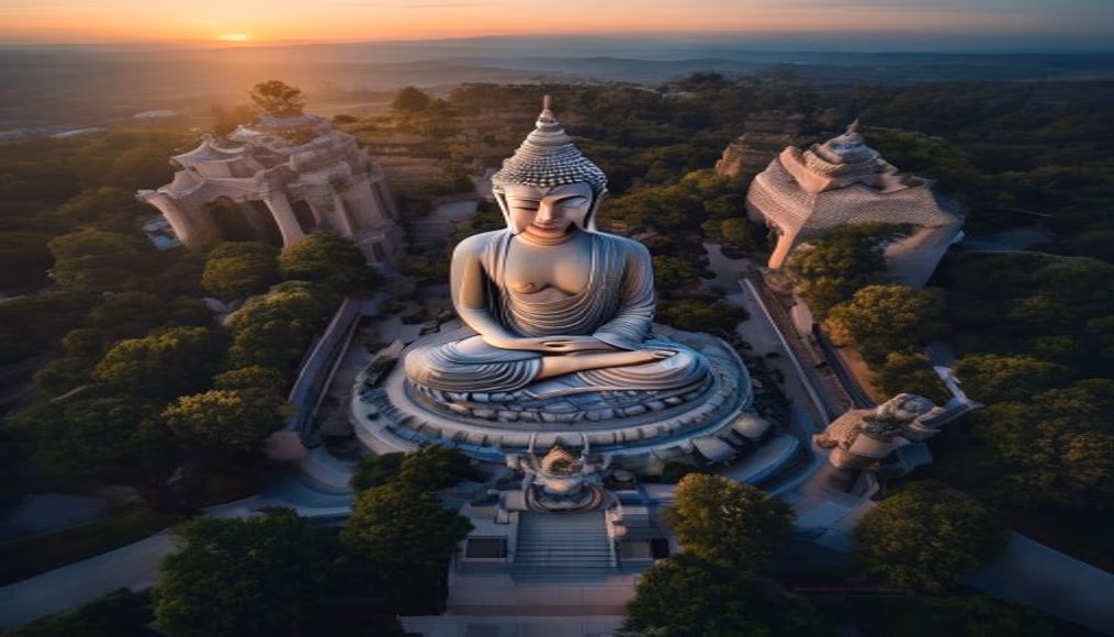 spring temple buddha in editorial style