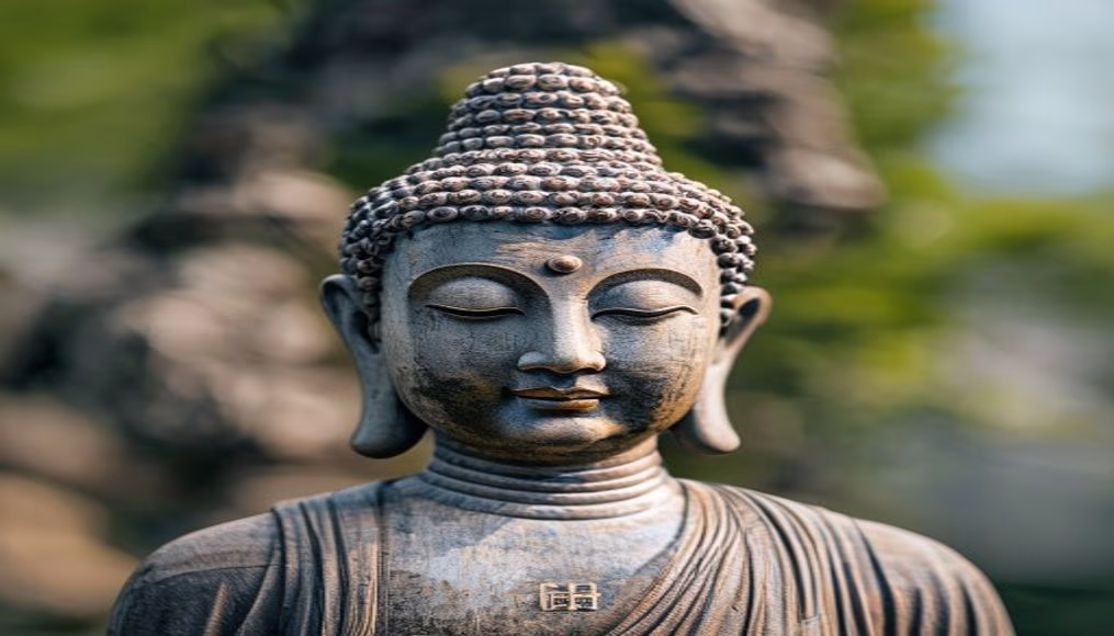 spring temple buddha in editorial style