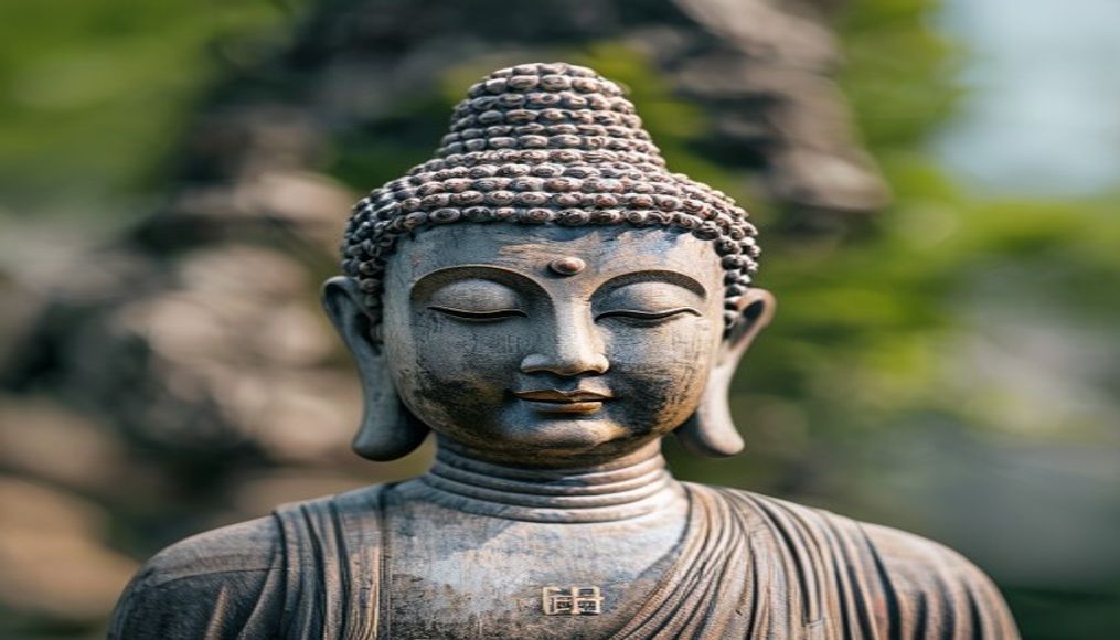 spring temple buddha in editorial style