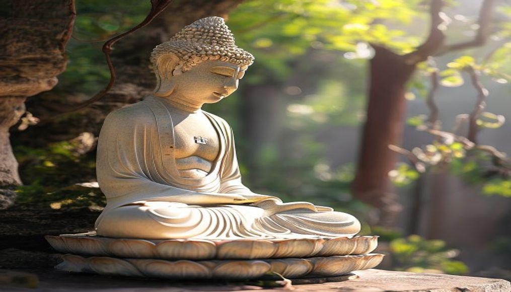 spring temple buddha in editorial style