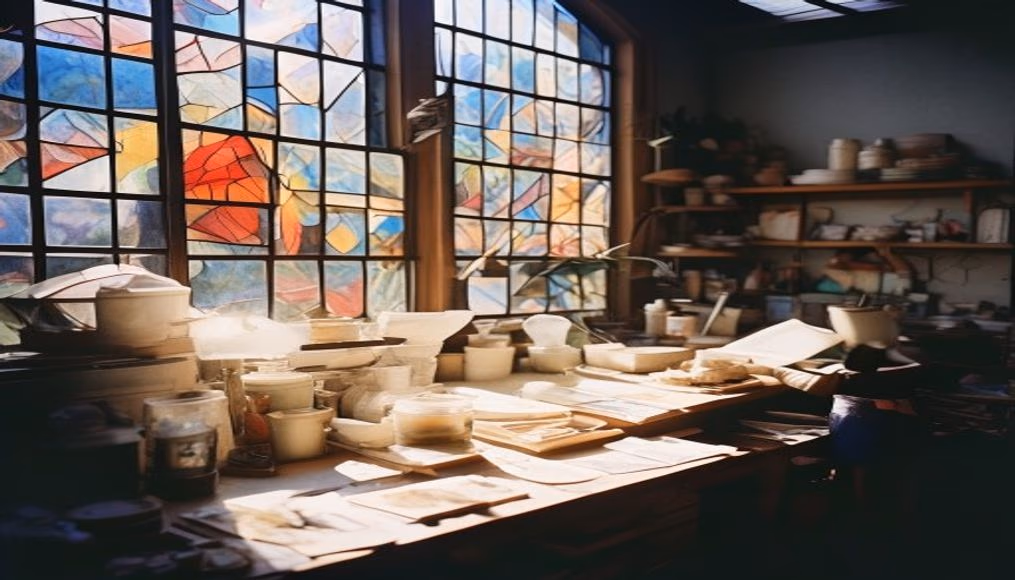 stained glass workshop in editorial style