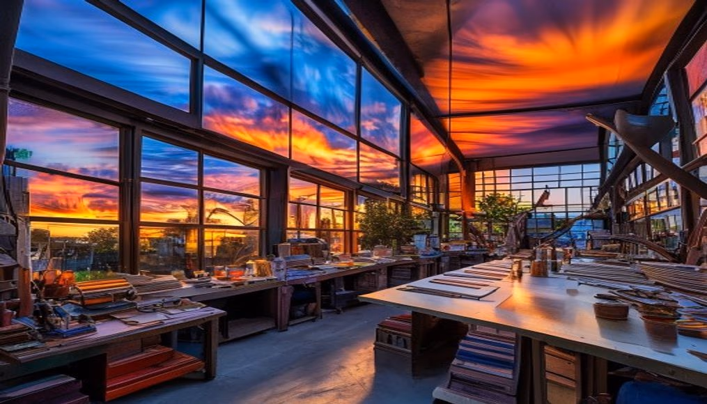 stained glass workshop in editorial style