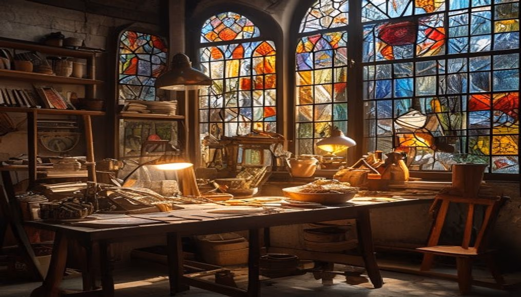 stained glass workshop in editorial style