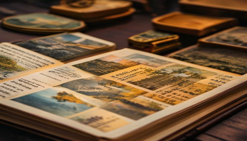 stamp album organized in editorial style