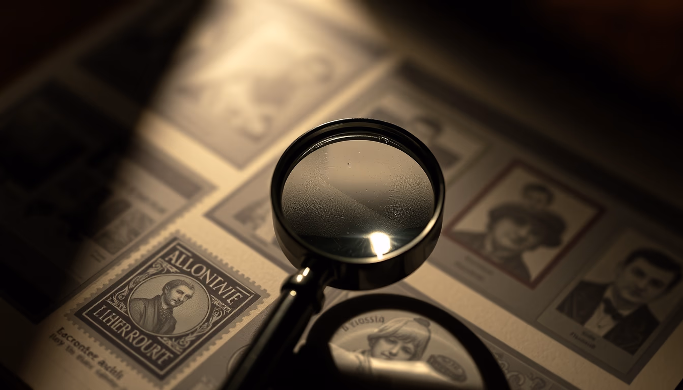 stamp magnifier album in editorial style