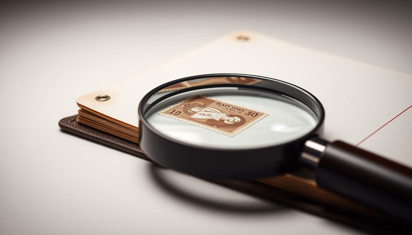 stamp magnifier album in editorial style