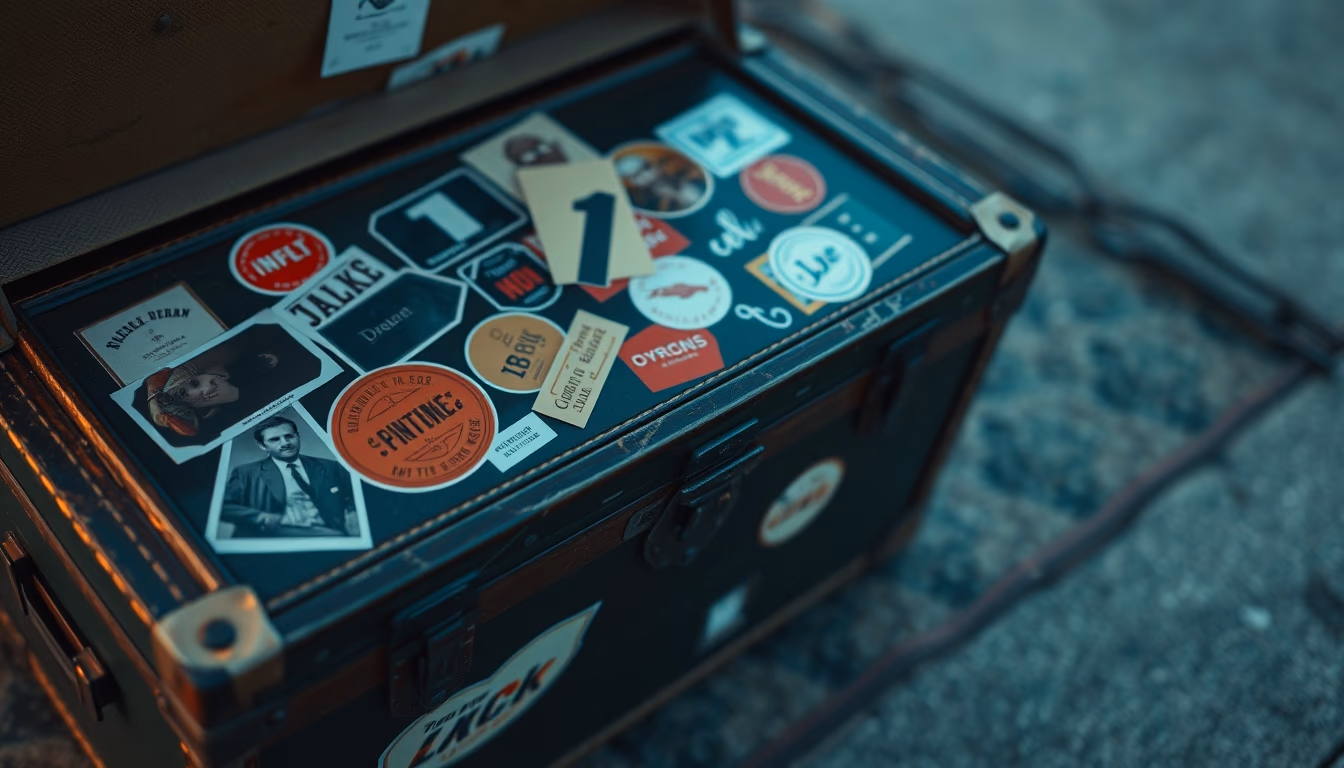 steamer trunk vintage stickers in editorial style