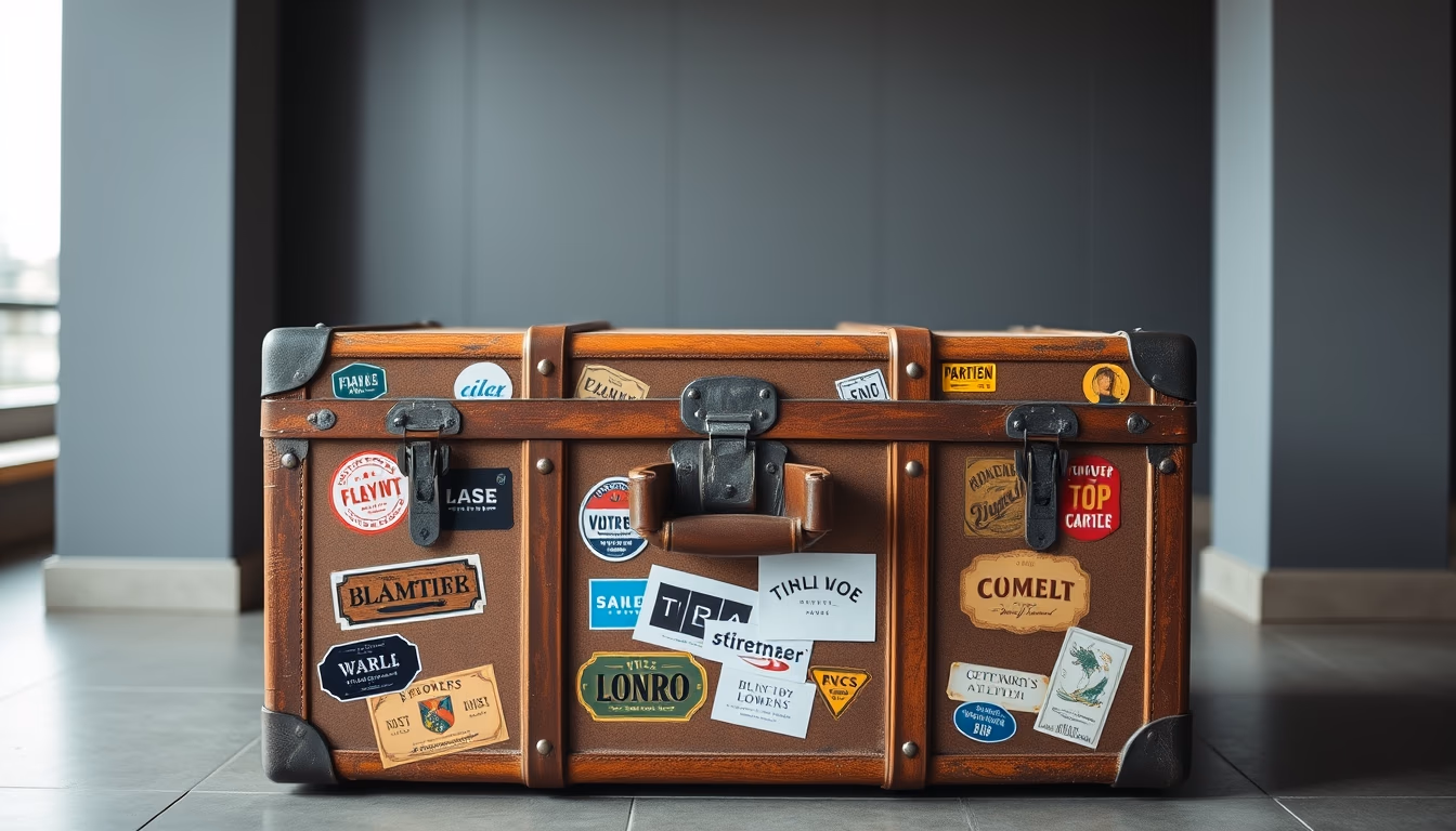 steamer trunk vintage stickers in editorial style