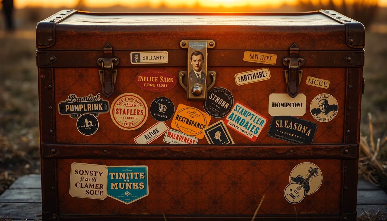 steamer trunk vintage stickers in editorial style