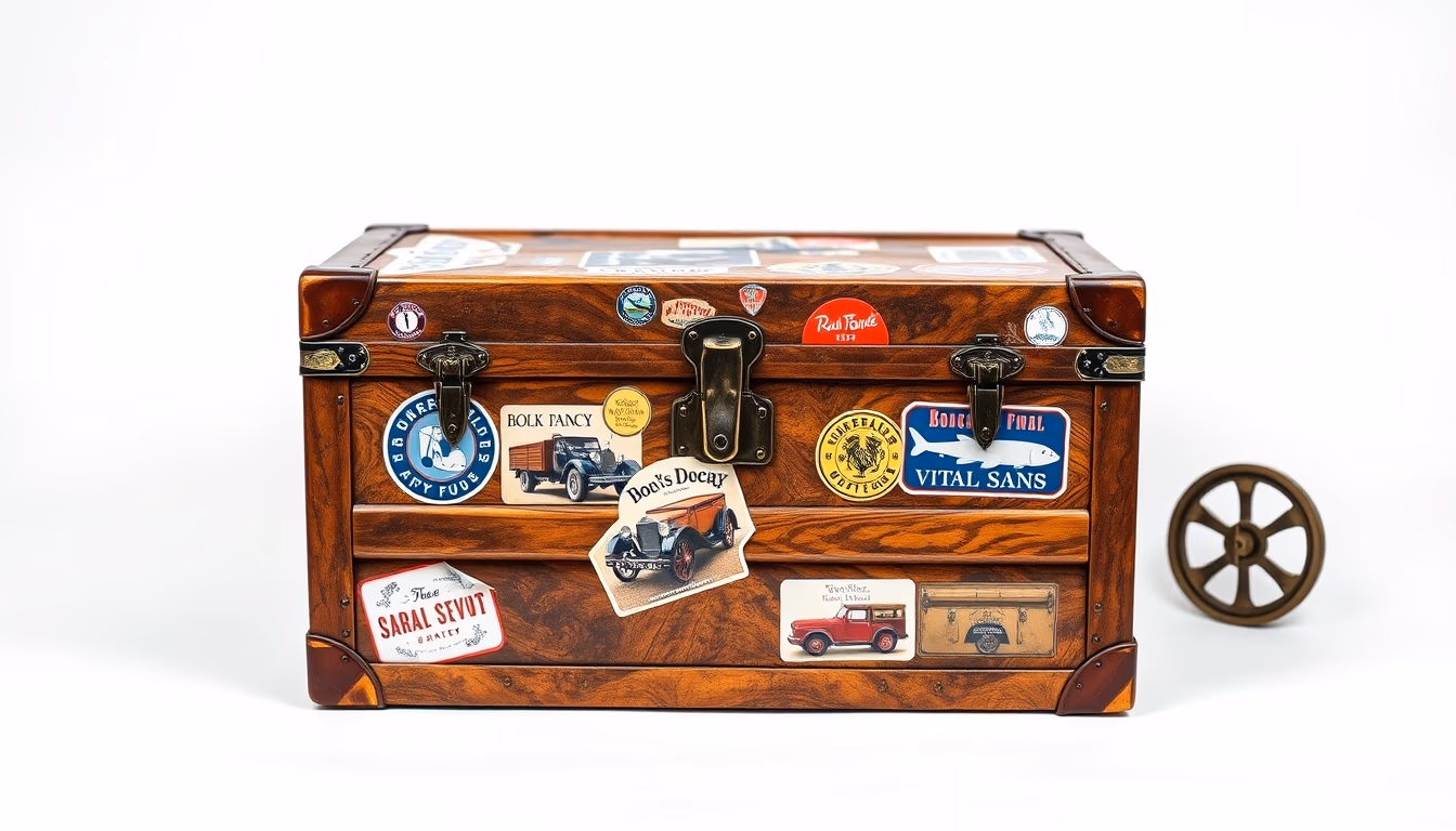 steamer trunk vintage stickers in editorial style