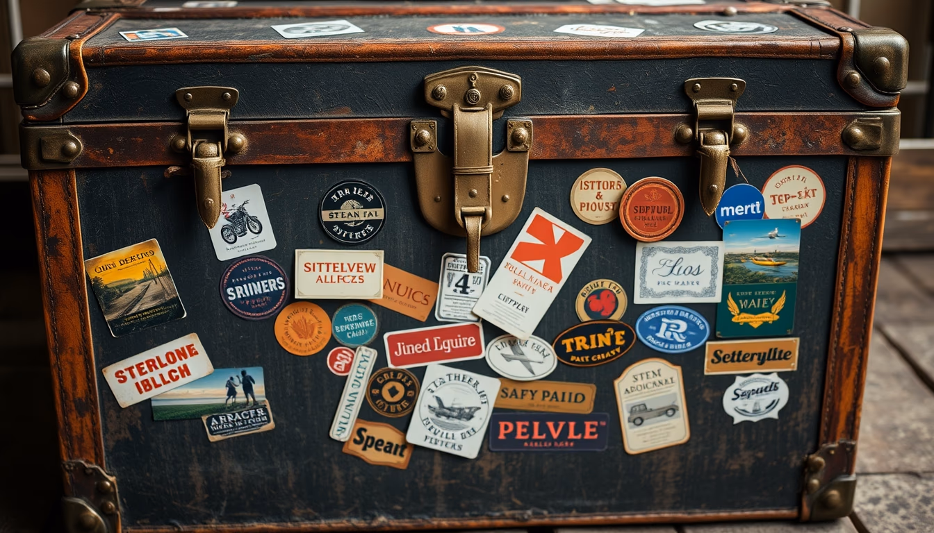 steamer trunk vintage stickers in editorial style