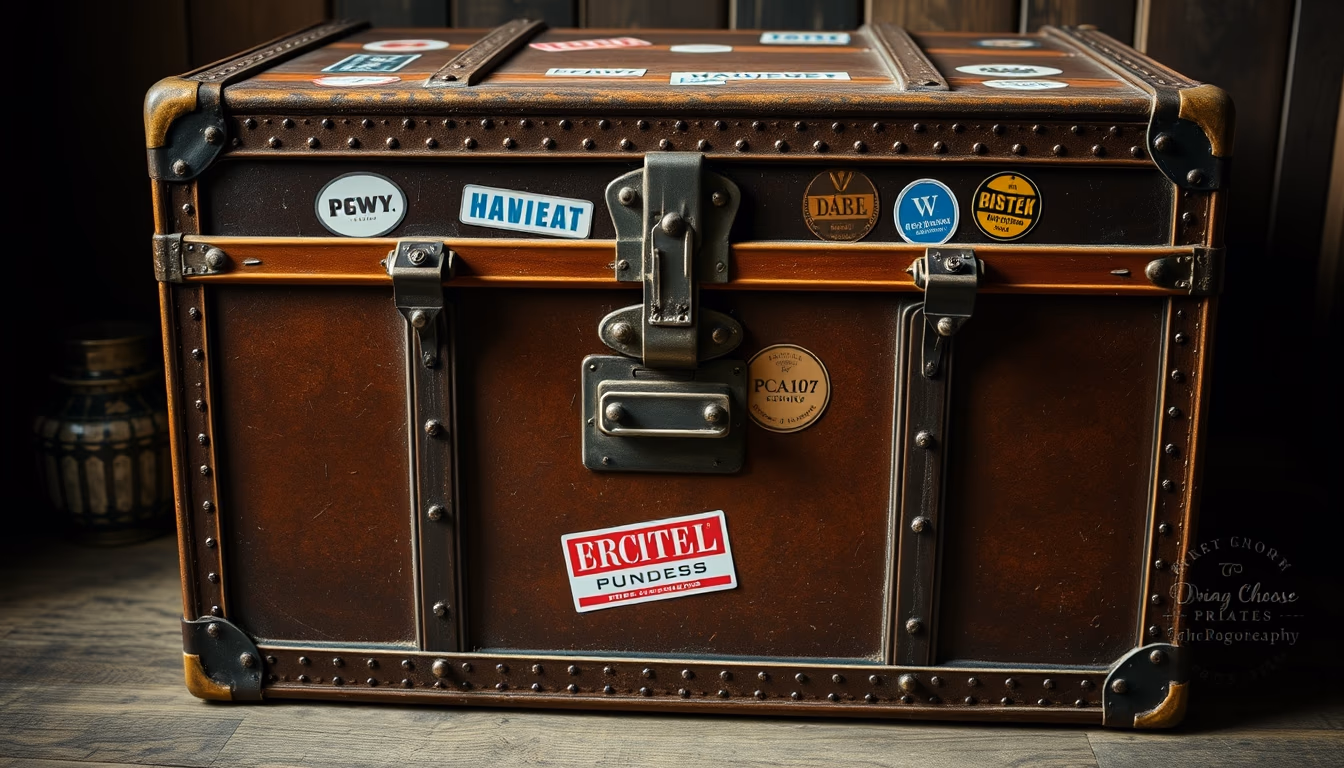 steamer trunk vintage stickers in editorial style