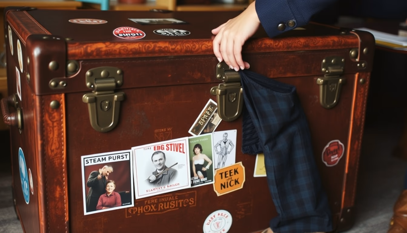steamer trunk vintage stickers in editorial style