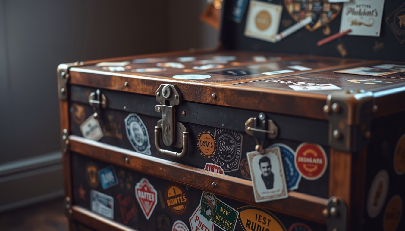 steamer trunk vintage stickers in editorial style