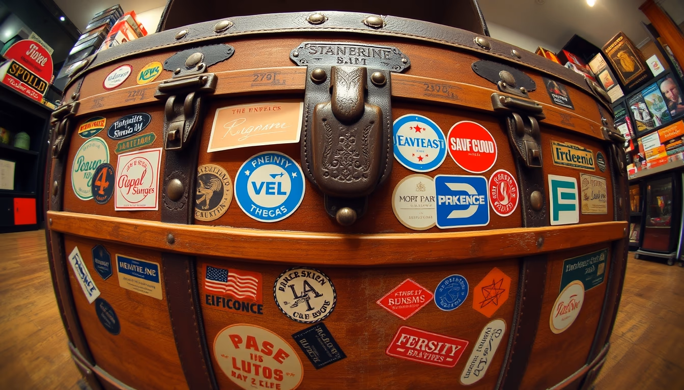 steamer trunk vintage stickers in editorial style