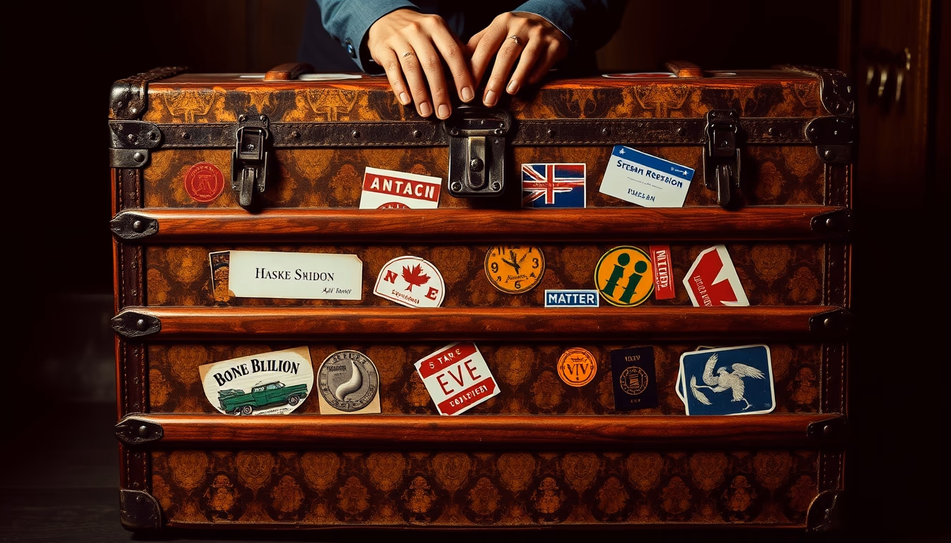 steamer trunk vintage stickers in editorial style