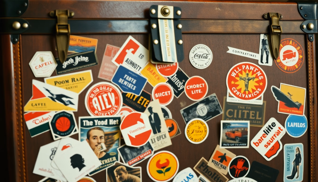 steamer trunk vintage stickers in editorial style
